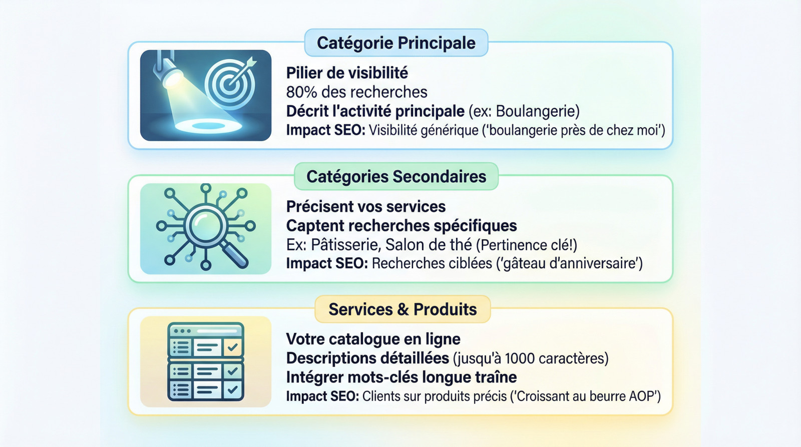 <strong>Optimisation des catégories et services</strong> sur une fiche Google Business Profile
