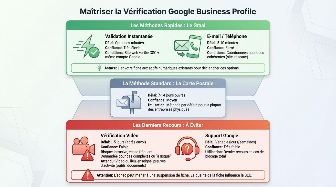 Illustration des méthodes de vérification Google Business Profile : du simple email à la vidéo complexe